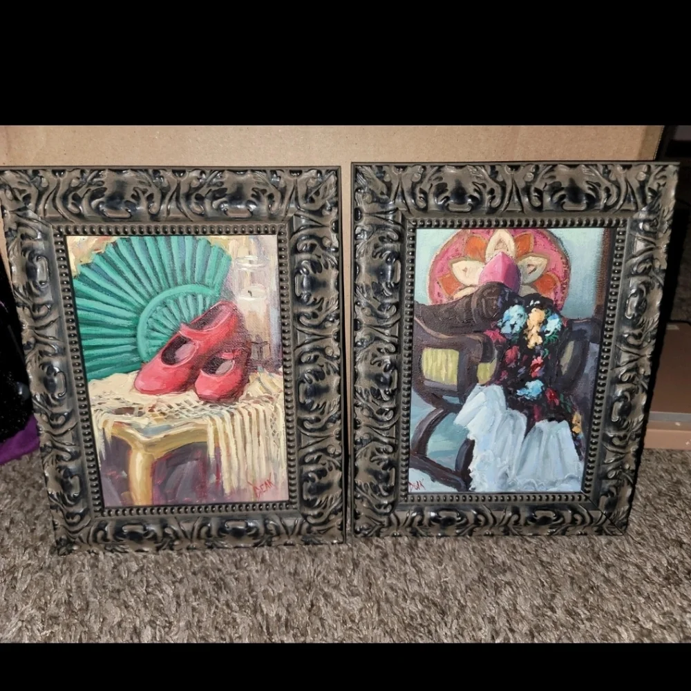 Vintage Oil Paintings Elegant Black Framed Art Set 2 7.5x10in